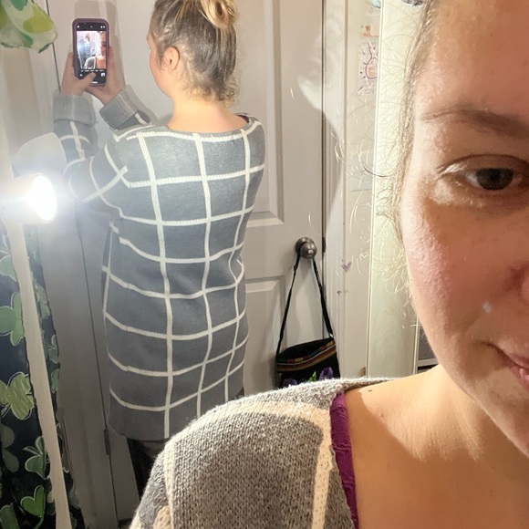 GORGEOUS LONG OPEN FRONT CARDIGAN SWEATER WINDOW PANE GRAY CREAM XL VGUC - Picture 3 of 11